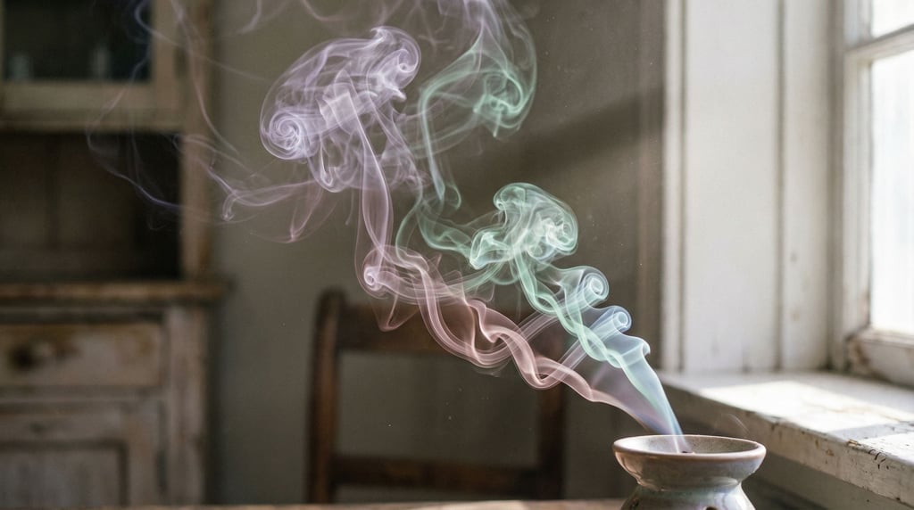 Smoke rising from incense in a shaft of window light, swirling patterns frozen in time (m8mpo2x6)