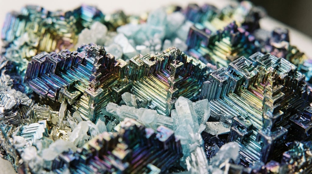 Bismuth crystal, iridescent staircase geometry in rainbow oxide colors, macro shot