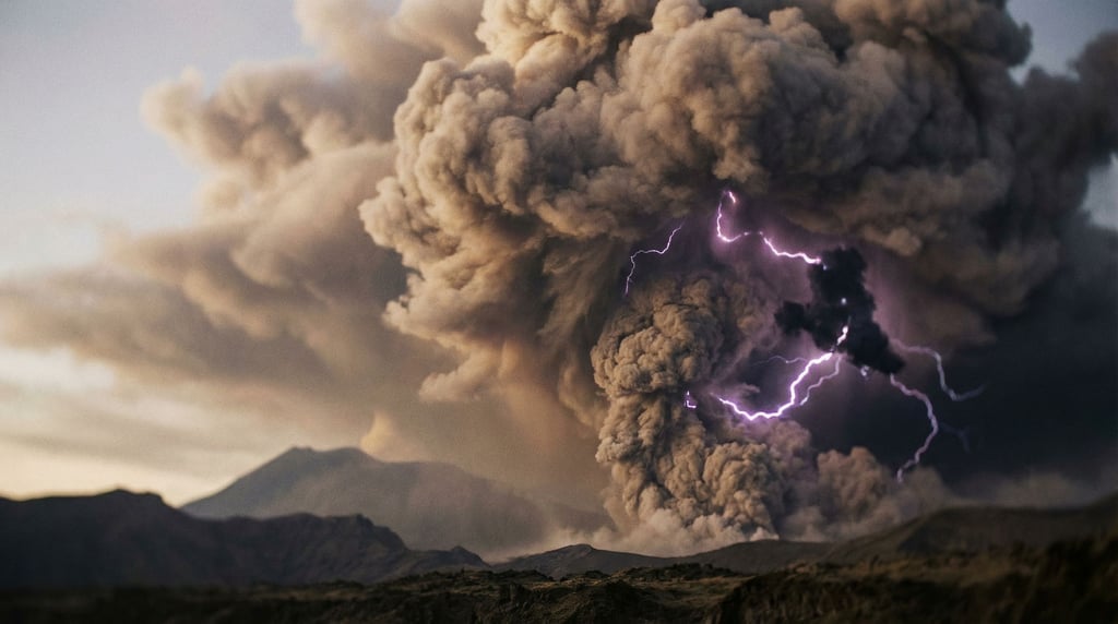 Volcanic ash cloud lit from within by lightning, dark gray and electric purple