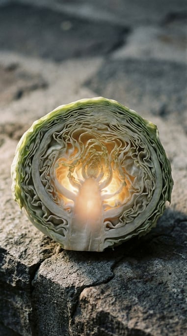 Cross-section of a cabbage cut in half, fractal leaf pattern radiating from the core (jawawcdv)