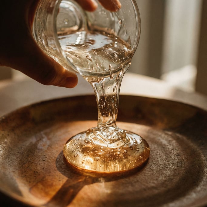Resin being poured over a surface, clear viscous flow with trapped air bubbles catching light (muidzmb)