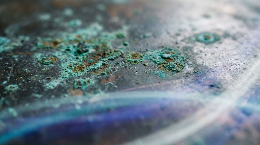 A close-up of oxidized copper surface, verdigris green against dark metallic gray (cye3cjyy)