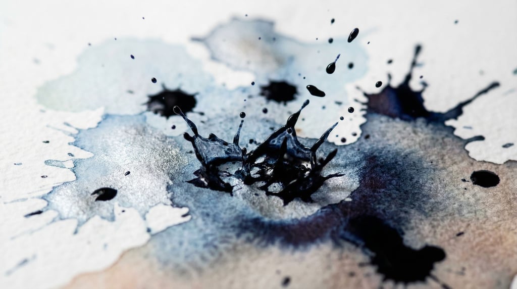 Splattered India ink on wet watercolor paper, organic blooms and hard edges coexisting