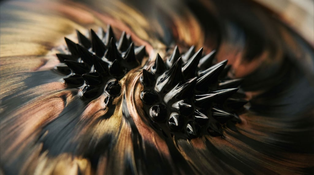 Ferrofluid responding to a magnetic field, spiky organic forms in glossy black liquid (fkdg7ics)