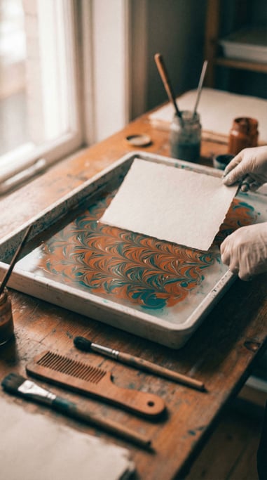 Marbling paper: ink floating on a water bath, combed into swirling patterns, about to be pressed