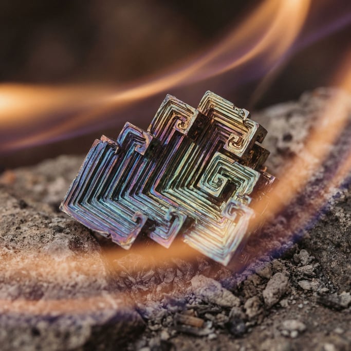 Bismuth crystal, iridescent staircase geometry in rainbow oxide colors, macro shot (wrnxo)