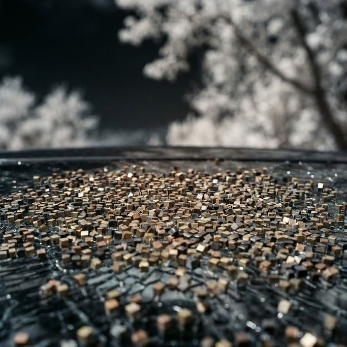 A shattered tempered glass panel, thousands of tiny cubes held together by safety film