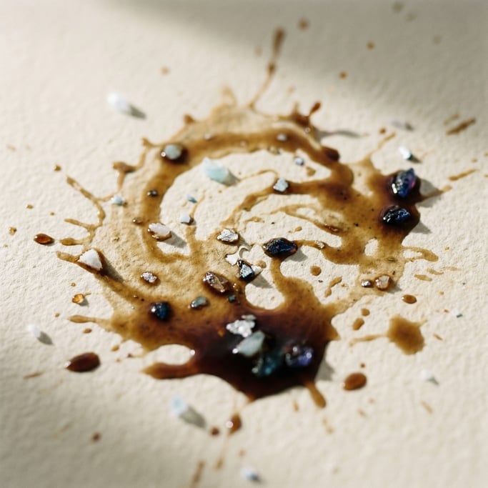 Spilled coffee creating organic stain patterns on textured paper, overhead macro view (ovucoa1l)