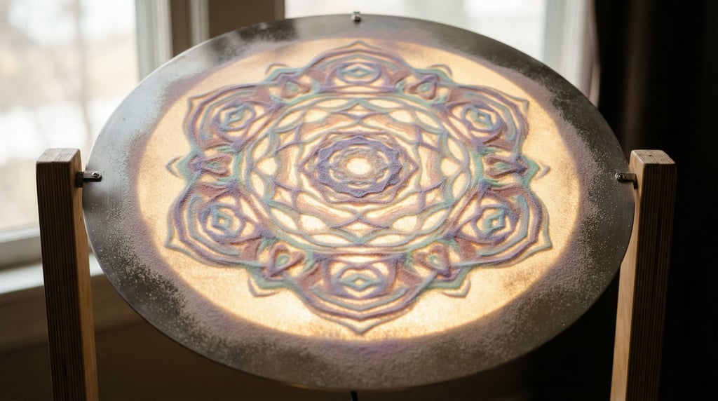 Cymatics: sand vibrating on a metal plate forming geometric patterns from sound waves (w6hl5dk)
