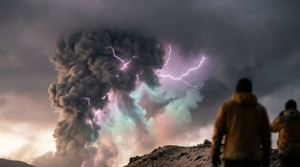 Volcanic ash cloud lit from within by lightning, dark gray and electric purple (87lqb6uw)