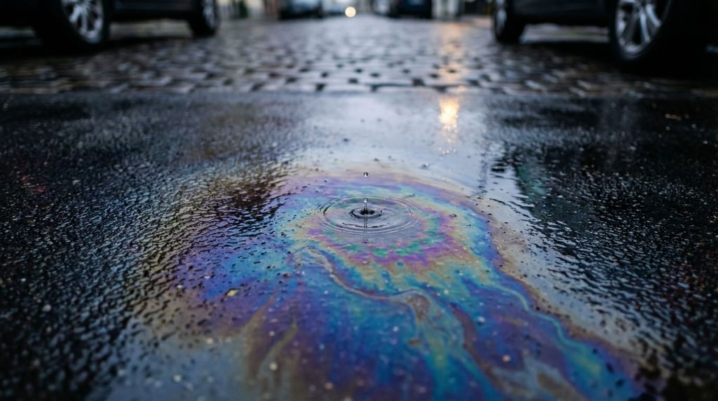 Oil slick on wet asphalt, rainbow interference patterns in a thin film, urban iridescence