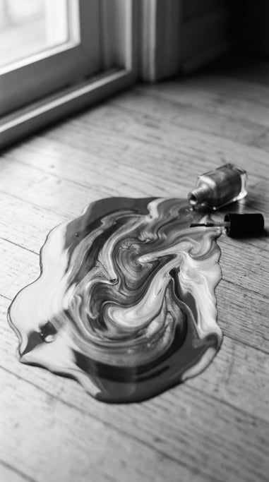 A puddle of spilled nail polish in multiple colors, swirled but not mixed, still wet