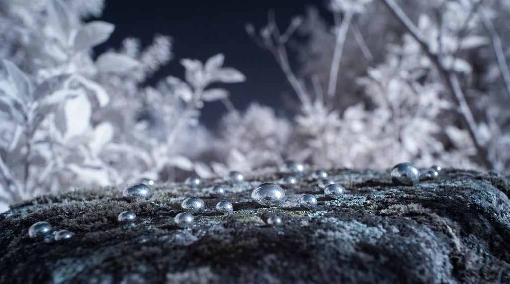 Mercury droplets on a dark surface, liquid metal reflecting cool ambient light (akjnrr3y)