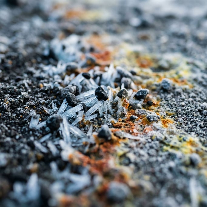 Frost heaving in soil, needle ice crystals pushing pebbles upward, micro-landscape