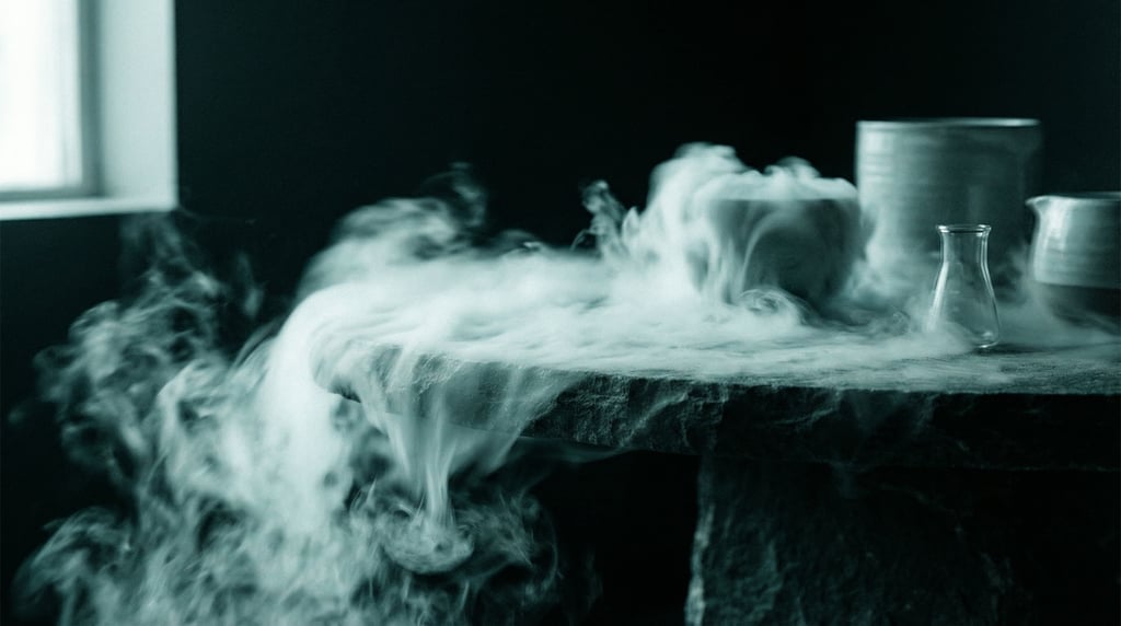 Liquid nitrogen fog pouring over a table edge, cascading white mist against a dark background