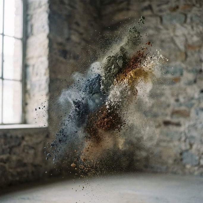 Pigment powder explosion mid-air, multiple colors colliding and mixing, frozen by flash