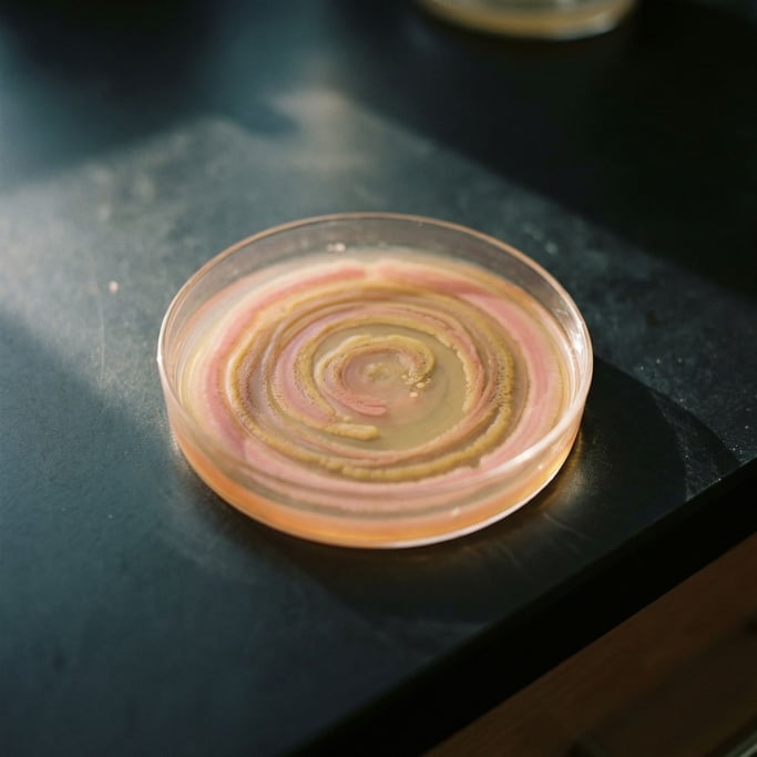 Petri dish cultures growing in concentric rings, organic geometry in pinks and yellows