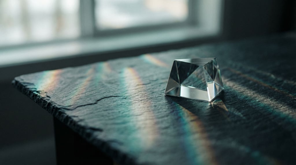 Light refracting through a crystal prism, rainbow caustics scattered across a dark surface (0ywa6eqx)