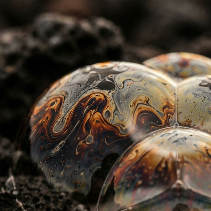Macro shot of soap bubbles, iridescent surface tension and interference patterns (1bq)