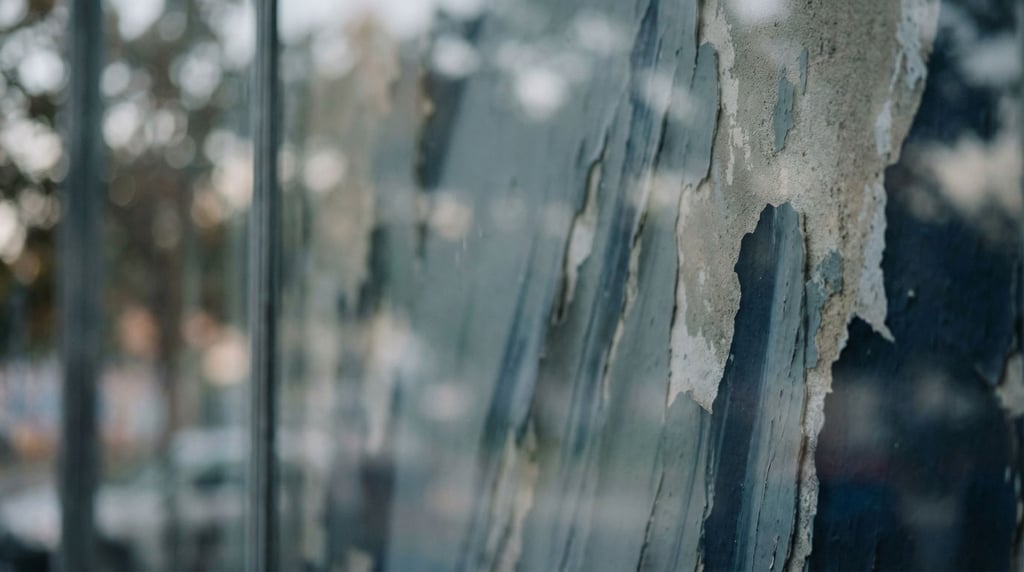 Peeling paint on a weathered wall revealing layers of color underneath, texture and decay (0wz5tgnw)