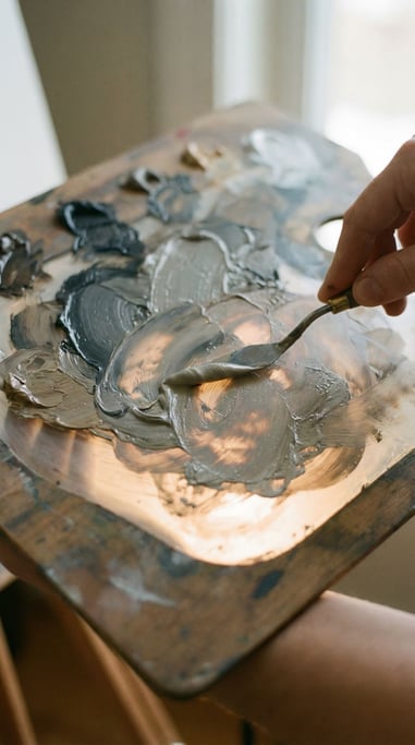 Thick oil paint being mixed on a palette, swirling veins of color caught mid-motion (rdue6zah)