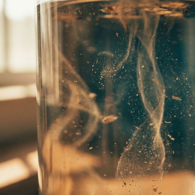 Thermal convection currents in heated water, visible via suspended particles