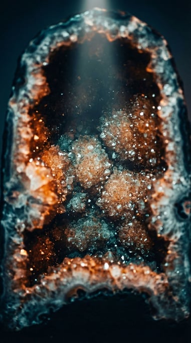 The inside of a geode, druzy crystal coating catching light from a single source, cave of light (pnvgrma9)