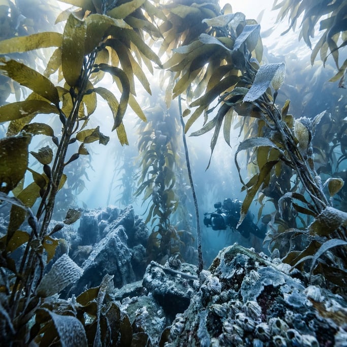 Kelp forest canopy from below, sunlight filtering through amber-green fronds, underwater cathedral (y2pzhne9)