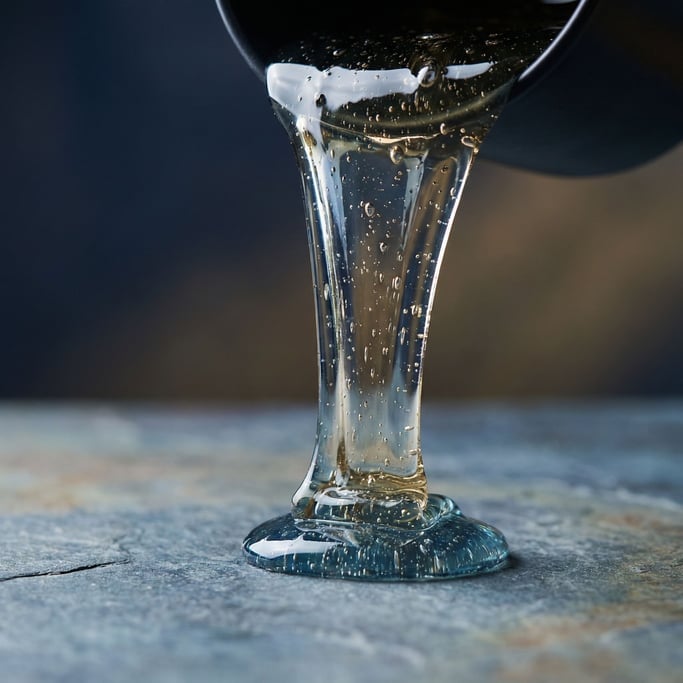 Resin being poured over a surface, clear viscous flow with trapped air bubbles catching light