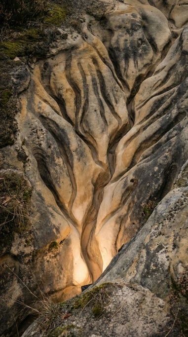 Erosion channels carved in soft sandstone by water, branching patterns like a vascular system