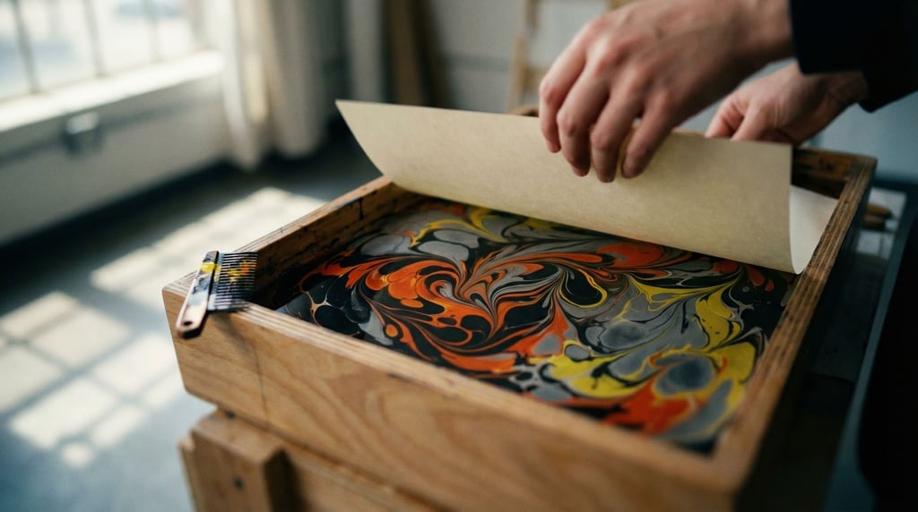 Marbling paper: ink floating on a water bath, combed into swirling patterns, about to be pressed (g0baoz8m)