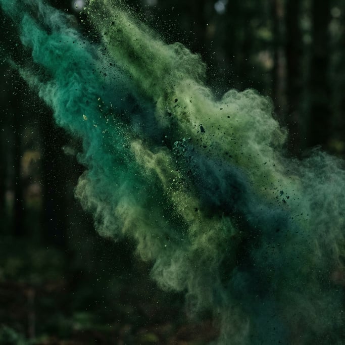 Pigment powder explosion mid-air, multiple colors colliding and mixing, frozen by flash (mrsiwihw)