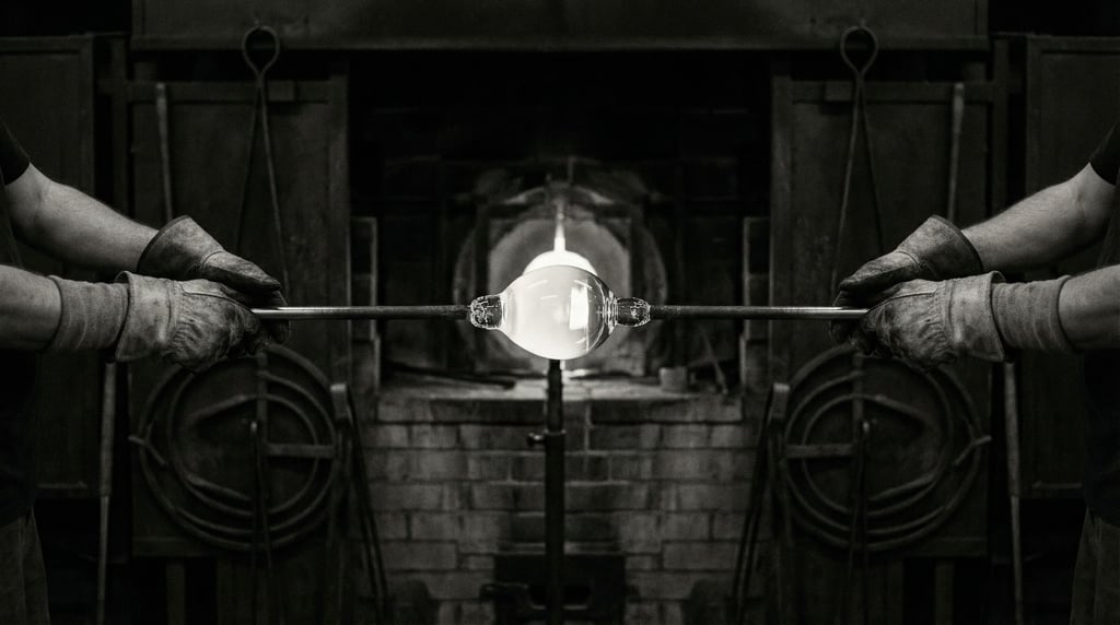Molten glass being shaped by a glassblower, glowing blue-white against a dark workshop (trurzagv)