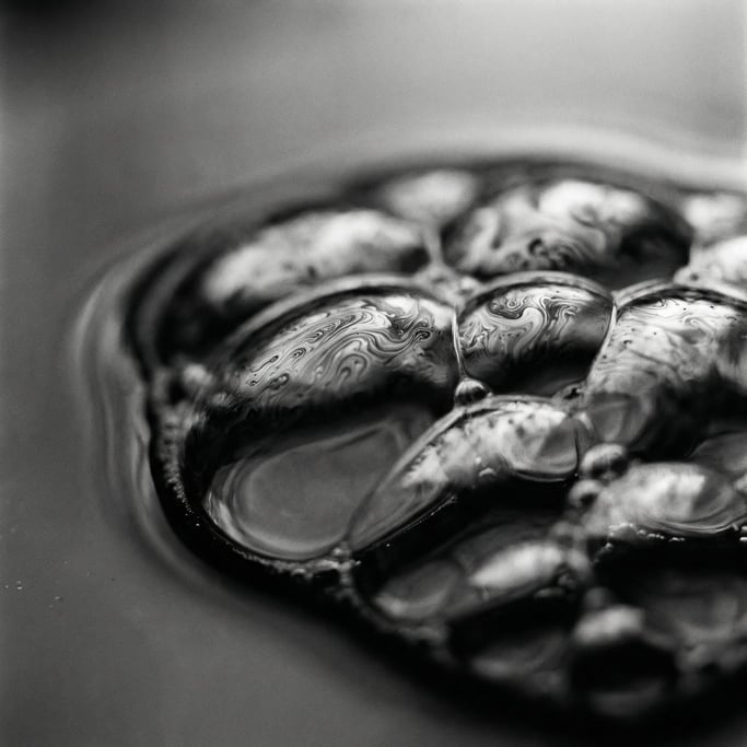 Macro shot of soap bubbles, iridescent surface tension and interference patterns (licfv1r1)