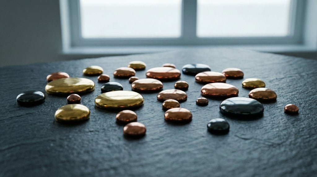 Mercury droplets on a dark surface, liquid metal reflecting cool ambient light (rumkped0)