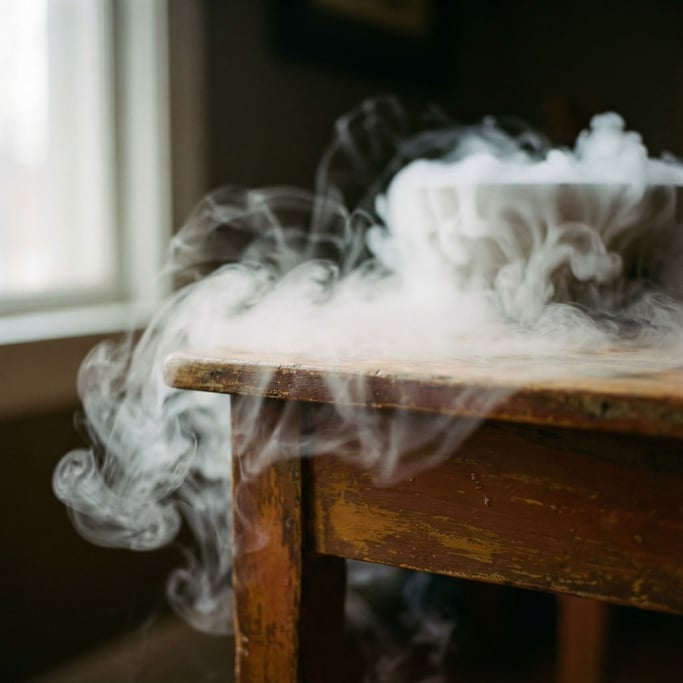 Liquid nitrogen fog pouring over a table edge, cascading white mist against a dark background (bcsjezpk)