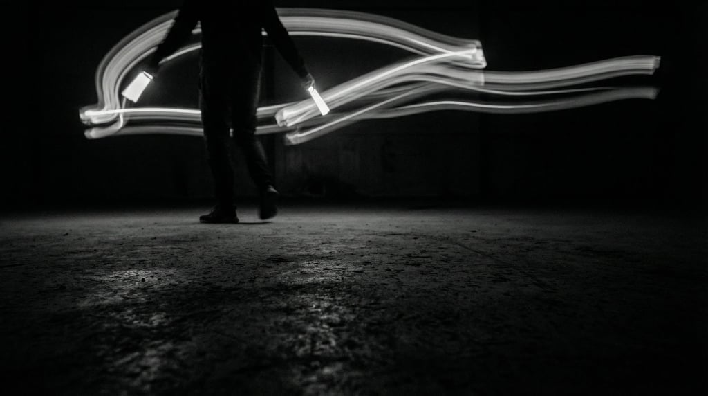 Light painting with a long exposure, human figure drawing neon trails in a dark space