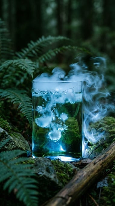Dry ice sublimating in warm water, roiling fog and bubbles, backlit from below in cool blue (e6tydiyk)