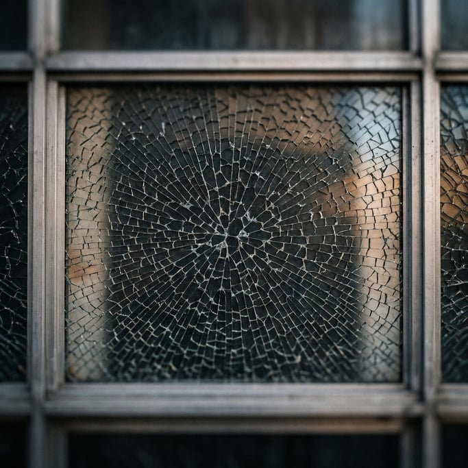 Cracked safety glass held together but fractured into a web of lines, backlit, abstract mosaic