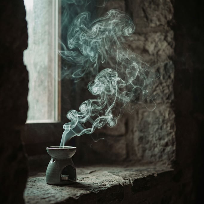 Smoke rising from incense in a shaft of window light, swirling patterns frozen in time (fjq9lk24)