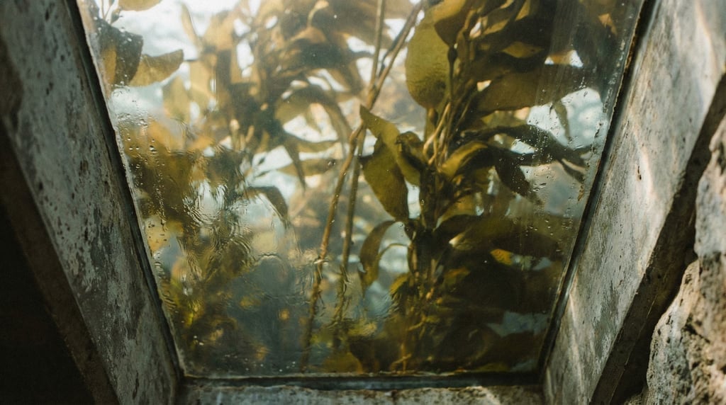Kelp forest canopy from below, sunlight filtering through amber-green fronds, underwater cathedral (gbkecqnb)