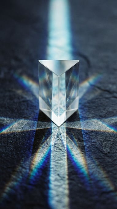 Light refracting through a crystal prism, rainbow caustics scattered across a dark surface (sgtmbf91)