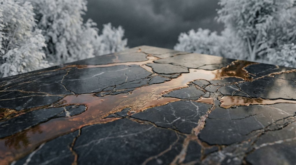 Wet marble surface with water pooling in natural veins and cracks, overhead view (3ws2bwsx)