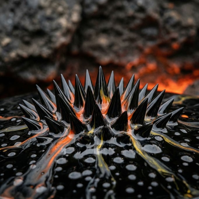 Ferrofluid responding to a magnetic field, spiky organic forms in glossy black liquid