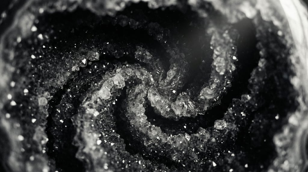 The inside of a geode, druzy crystal coating catching light from a single source, cave of light (1lu3h5aj)