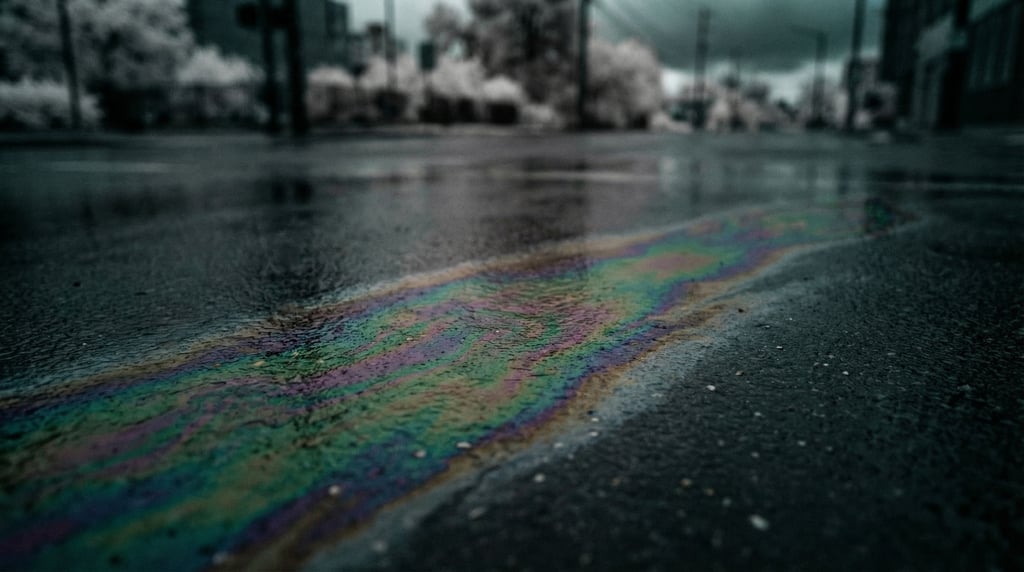 Oil slick on wet asphalt, rainbow interference patterns in a thin film, urban iridescence (0jypzred)