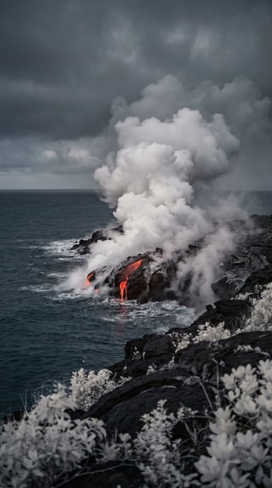 Lava flowing into ocean water, steam explosion at the contact point, red-orange meets dark blue (qt6acdt)