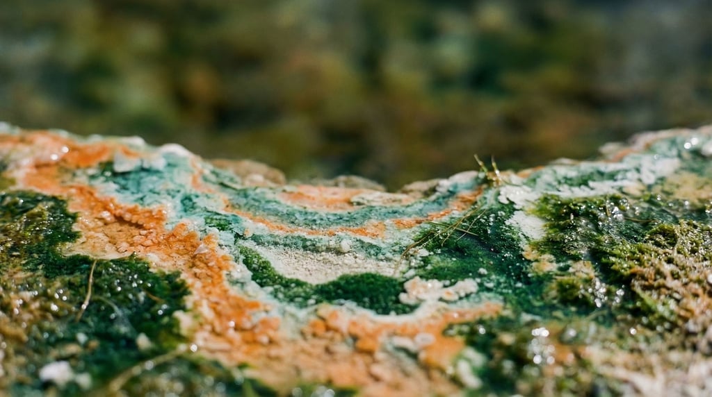 Volcanic hot spring, concentric rings of mineral deposits in orange, turquoise, and white (8ujwpqh)