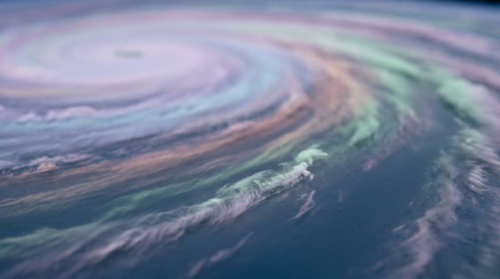 Satellite image of a hurricane eye, spiral cloud bands in white against deep blue ocean (aqb8hxi4)