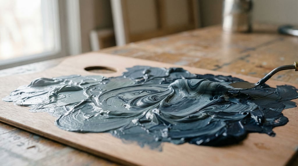 Thick oil paint being mixed on a palette, swirling veins of color caught mid-motion (kf)